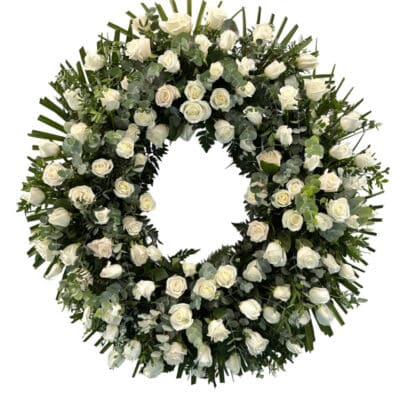 Corona funeraria de rosas blancas SOL by Floraila